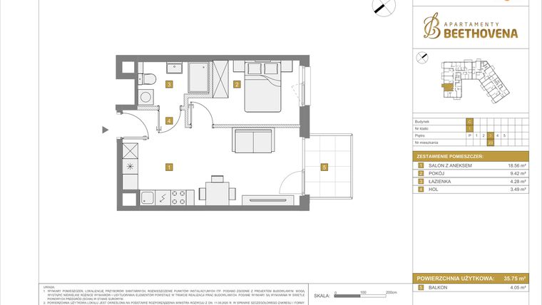 Rzut - Mieszkanie na sprzedaż 2 pokoje o powierzchni 35,75 m² - numer C23 w Apartamenty Beethovena etap 2