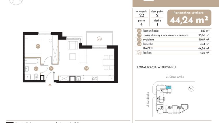 Rzut - Mieszkanie na sprzedaż 2 pokoje o powierzchni 44,24 m² - numer 22 w Moja Oszmiańska