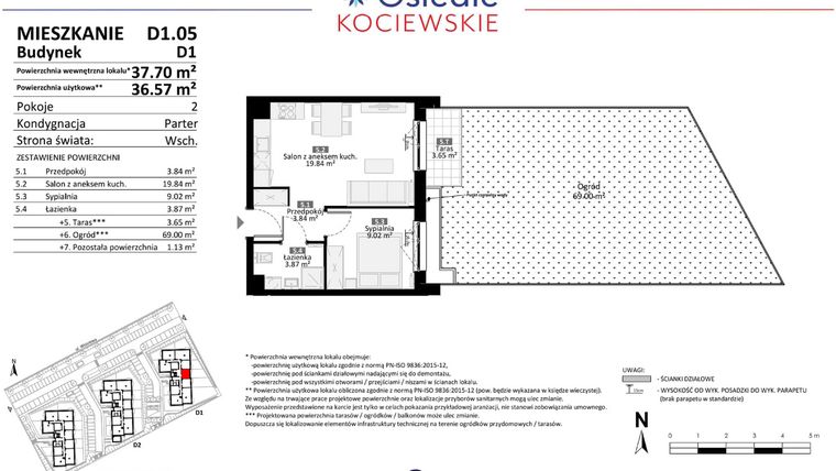 Rzut - Mieszkanie na sprzedaż 2 pokoje o powierzchni 36,57 m² - numer D1.05 w Osiedle Kociewskie etap III