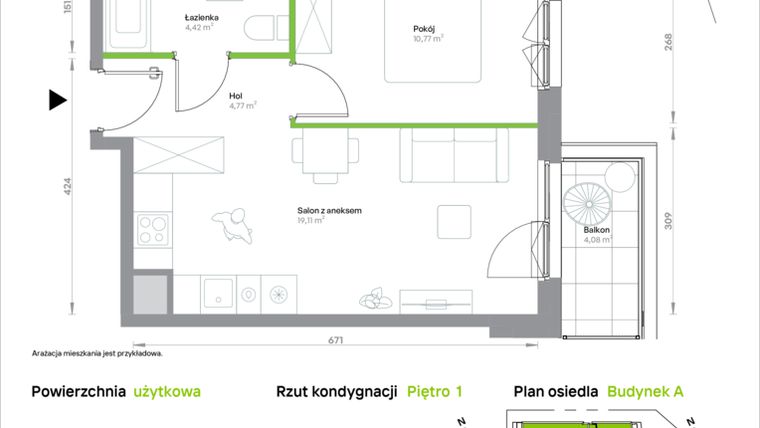 Rzut - Mieszkanie na sprzedaż 2 pokoje o powierzchni 39,07 m² - numer A/1/40 w Krakowska Vita