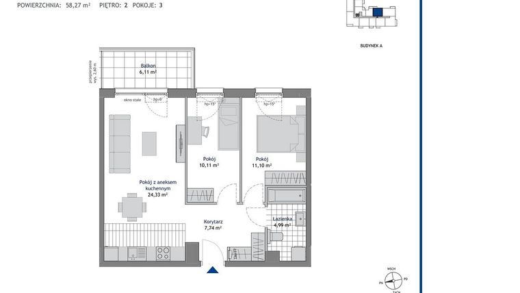 Rzut - Mieszkanie na sprzedaż 3 pokoje o powierzchni 58,27 m² - numer A.2.7 w Linea bud. A