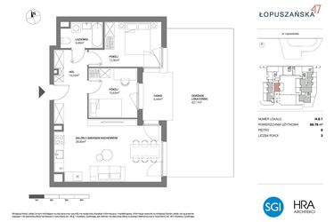 Rzut - Mieszkanie na sprzedaż 3 pokoje o powierzchni 65,79 m² - numer H.0.1 w Łopuszańska 47 - etap 3
