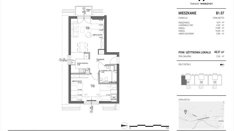 Rzut - Mieszkanie na sprzedaż 2 pokoje o powierzchni 48,37 m² - numer B1.07 w Tarasy Wierzycy