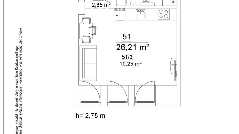 Rzut - Mieszkanie na sprzedaż 1 pokój o powierzchni 26,21 m² - numer 51 w Osiedle Teatralne 19 - apartamenty inwestycyjne