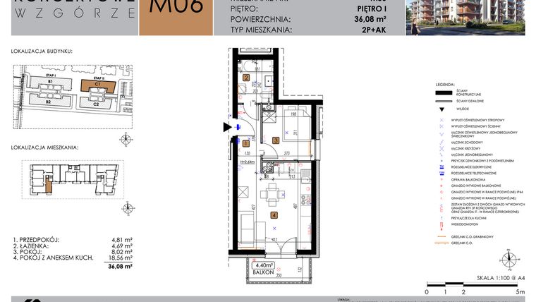Rzut - Mieszkanie na sprzedaż 2 pokoje o powierzchni 36,08 m² - numer C1_M6 w Koncertowe Wzgórze etap II