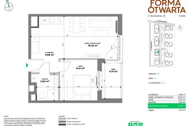 Rzut - Mieszkanie na sprzedaż 2 pokoje o powierzchni 37,45 m² - numer B1-32 w Forma Otwarta etap II