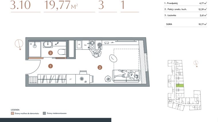 Rzut - Mieszkanie na sprzedaż 1 pokój o powierzchni 19,77 m² - numer 3.10 w Starowiejska 3