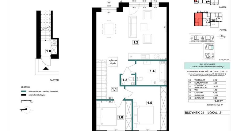 Rzut - Mieszkanie na sprzedaż 3 pokoje o powierzchni 76,58 m² - numer 21-2 w Błonie Bosco