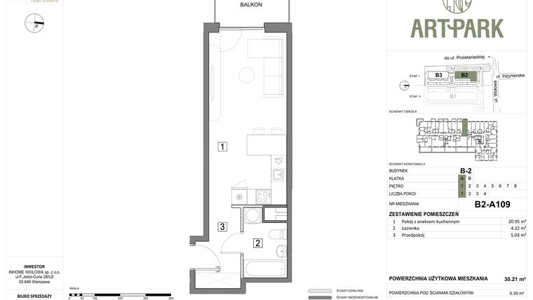 Rzut - Mieszkanie na sprzedaż 1 pokój o powierzchni 30,51 m² - numer B.2.A109 w ArtPark