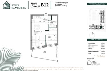 Rzut - Mieszkanie na sprzedaż 2 pokoje o powierzchni 35,97 m² - numer B12 w Nowa Palmiarnia