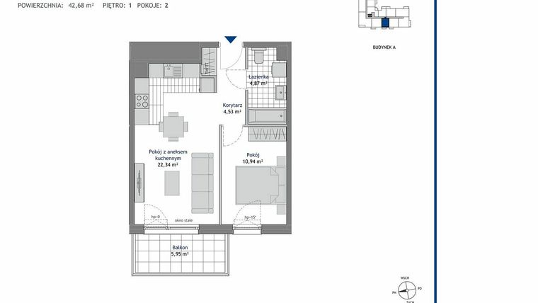 Rzut - Mieszkanie na sprzedaż 2 pokoje o powierzchni 42,68 m² - numer A.1.11 w Linea bud. A