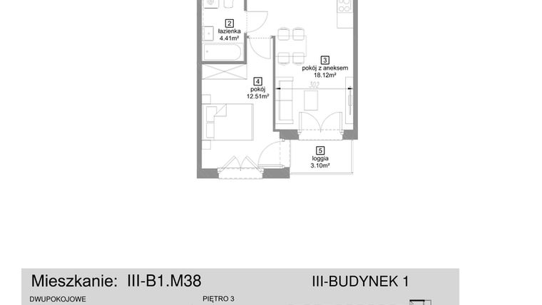 Rzut - Mieszkanie na sprzedaż 2 pokoje o powierzchni 40,48 m² - numer III-B1.M38 w Strefa Cegielnia 3