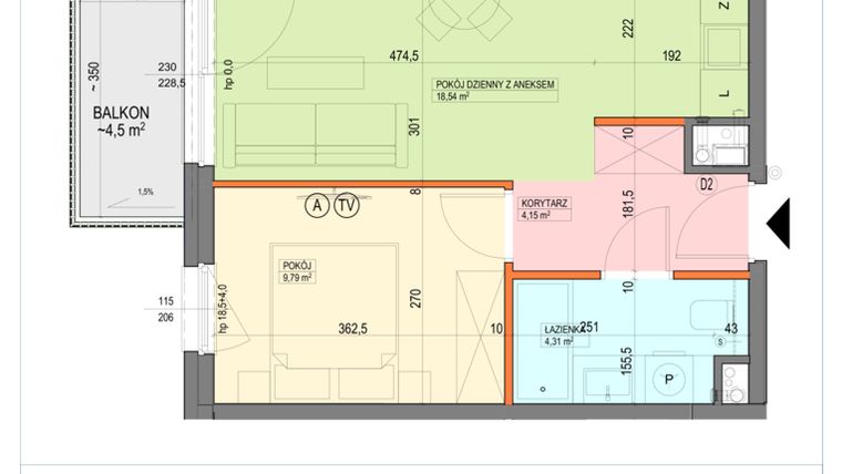 Rzut - Mieszkanie na sprzedaż 2 pokoje o powierzchni 36,79 m² - numer B1.3.22.2a w Junique I.II
