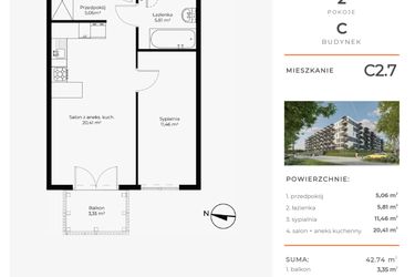 Rzut - Mieszkanie na sprzedaż 2 pokoje o powierzchni 42,74 m² - numer C2.7 w Enklawa Bukowa II