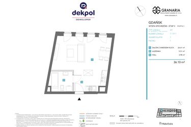 Rzut - Mieszkanie na sprzedaż 1 pokój o powierzchni 36,1 m² - numer 1.1.011 w Granaria