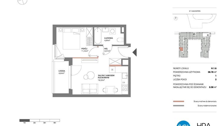 Rzut - Mieszkanie na sprzedaż 2 pokoje o powierzchni 38,78 m² - numer H.1.6 w Łopuszańska 47 - etap 3