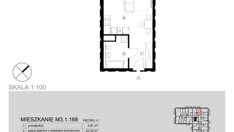 Rzut - Mieszkanie na sprzedaż 1 pokój o powierzchni 32,9 m² - numer M3.1.168 w Modern Helenów
