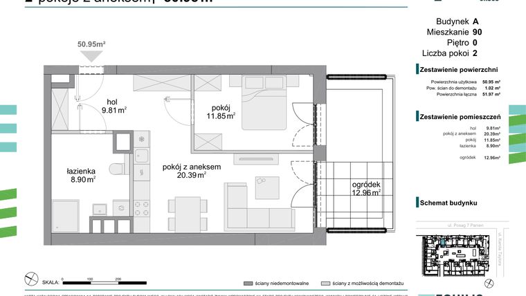 Rzut - Mieszkanie na sprzedaż 2 pokoje o powierzchni 50,95 m² - numer 90 w Osiedle Fokus Ursus