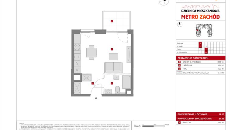 Rzut - Mieszkanie na sprzedaż 1 pokój o powierzchni 27,86 m² - numer A.27 w Dzielnica Mieszkaniowa Metro Zachód - etap 8.1