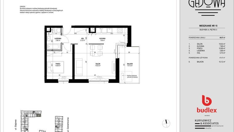Rzut - Mieszkanie na sprzedaż 2 pokoje o powierzchni 49,07 m² - numer 15 w Gajowa bud. A