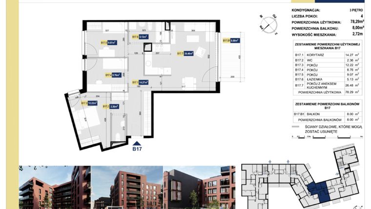 Rzut - Mieszkanie na sprzedaż 4 pokoje o powierzchni 78,48 m² - numer B17 w Apartamenty Złota