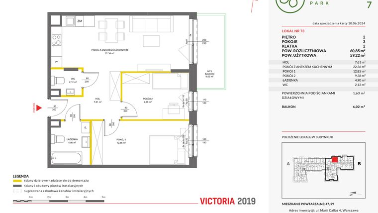 Rzut - Mieszkanie na sprzedaż 3 pokoje o powierzchni 60,85 m² - numer 73 w Olchowy Park VII