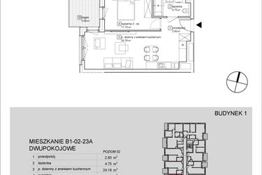 Rzut - Mieszkanie na sprzedaż 2 pokoje o powierzchni 42,91 m² - numer B1-02-23A w Francuska Park IX