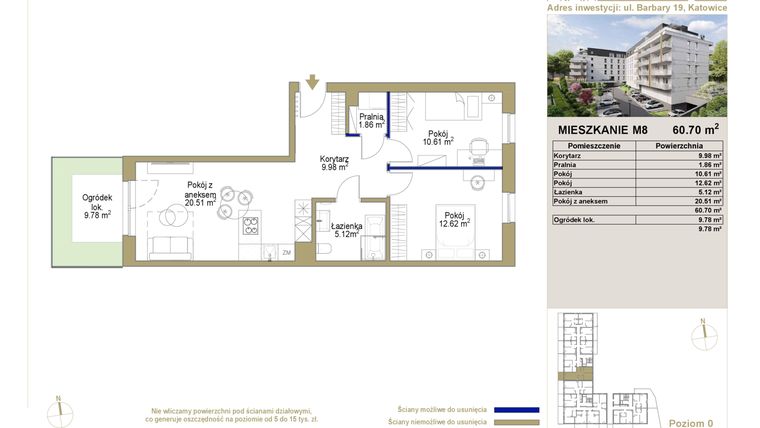 Rzut - Mieszkanie na sprzedaż 3 pokoje o powierzchni 60,7 m² - numer 8 w Barbary 19