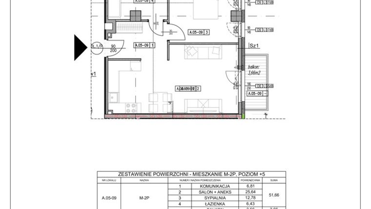 Rzut - Mieszkanie na sprzedaż 2 pokoje o powierzchni 51,66 m² - numer A5.9 w Mickiewicza 4 - Luksusowe apartamenty