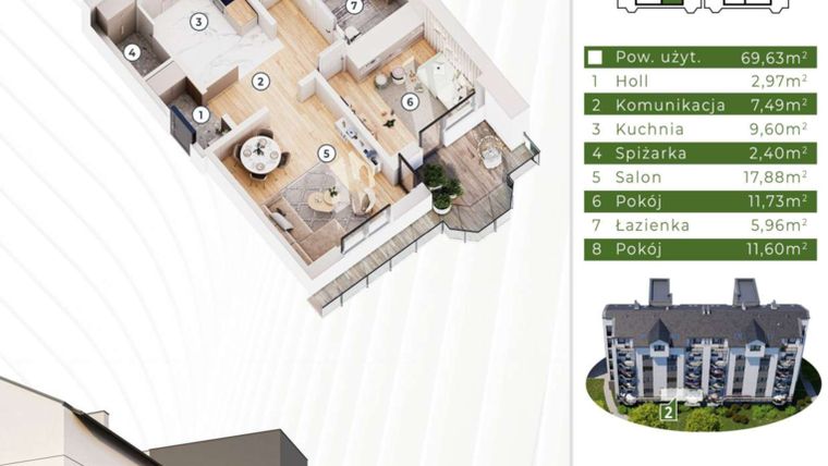 Rzut - Mieszkanie na sprzedaż 4 pokoje o powierzchni 69,63 m² - numer 19A.M2 w Osiedle Leśny Zakątek