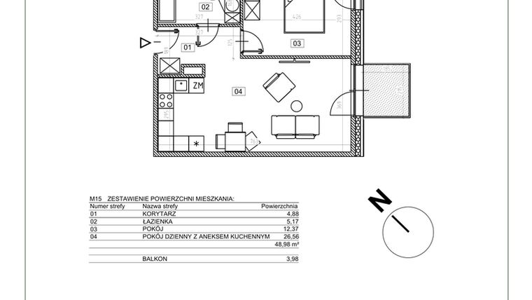 Rzut - Mieszkanie na sprzedaż 2 pokoje o powierzchni 48,98 m² - numer I.M15 w Osiedle Glivia Zachodnia