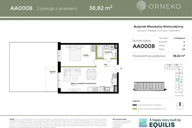 Rzut - Mieszkanie na sprzedaż 2 pokoje o powierzchni 38,83 m² - numer AA0008 w Orneko