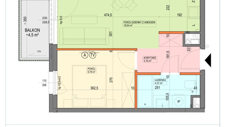 Rzut - Mieszkanie na sprzedaż 2 pokoje o powierzchni 36,79 m² - numer B1.2.15.2a w Junique I.II