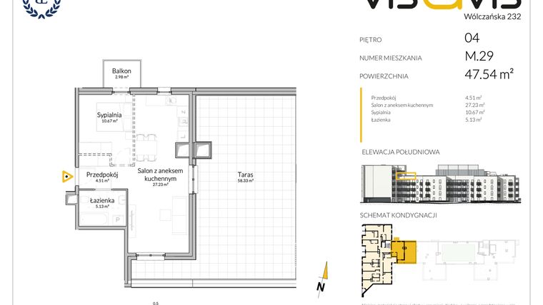 Rzut - Mieszkanie na sprzedaż 2 pokoje o powierzchni 47,54 m² - numer 04.M.29 w VISAVIS