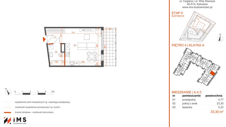 Rzut - Mieszkanie na sprzedaż 1 pokój o powierzchni 33,27 m² - numer A.4.3 w Rondo Ceglana etap II