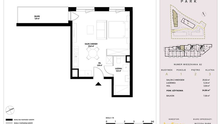 Rzut - Mieszkanie na sprzedaż 1 pokój o powierzchni 34,86 m² - numer A82 w Witosa Park