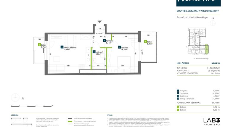Rzut - Mieszkanie na sprzedaż 2 pokoje o powierzchni 51,57 m² - numer AA0410 w Vilda Arte