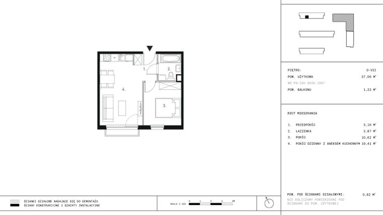 Rzut - Mieszkanie na sprzedaż 2 pokoje o powierzchni 37,02 m² - numer A3.6 w Wynalazek 3A