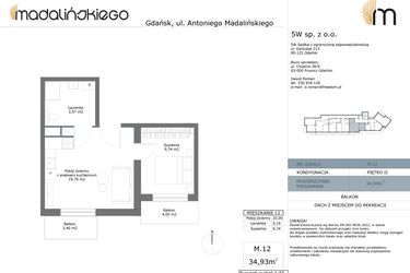 Rzut - Mieszkanie na sprzedaż 2 pokoje o powierzchni 34,93 m² - numer M12 w Madalińskiego