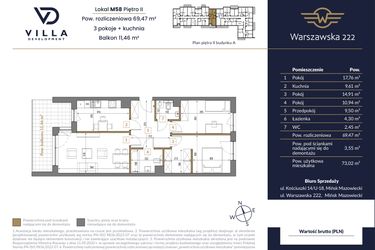 Rzut - Mieszkanie na sprzedaż 3 pokoje o powierzchni 69,47 m² - numer 58A w Warszawska 222