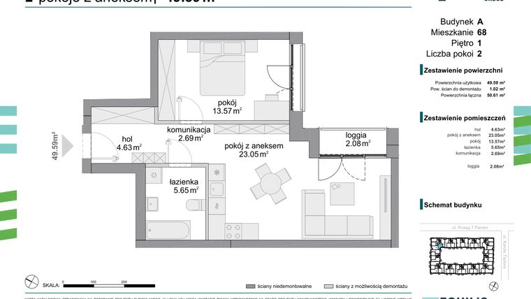 Rzut - Mieszkanie na sprzedaż 2 pokoje o powierzchni 49,59 m² - numer 68 w Osiedle Fokus Ursus