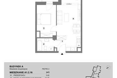 Rzut - Mieszkanie na sprzedaż 2 pokoje o powierzchni 43,98 m² - numer A1.2.16 w ATAL Grabiszyn