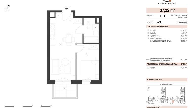 Rzut - Mieszkanie na sprzedaż 2 pokoje o powierzchni 37,22 m² - numer A/3/1.3 w Smardzewska 8