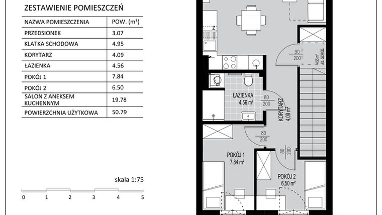 Rzut - Mieszkanie na sprzedaż 3 pokoje o powierzchni 50,79 m² - numer C12 w Kowalove etap 2