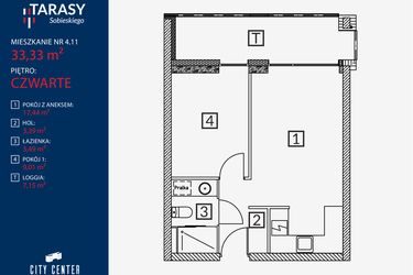Rzut - Mieszkanie na sprzedaż 2 pokoje o powierzchni 33,33 m² - numer B2.M.4.11 w Tarasy Sobieskiego