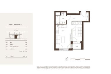 Rzut - Mieszkanie na sprzedaż 2 pokoje o powierzchni 34,1 m² - numer 1.5 w Piwna 21