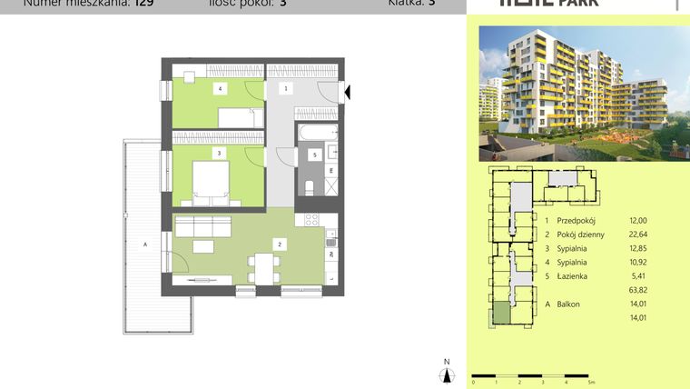 Rzut - Mieszkanie na sprzedaż 3 pokoje o powierzchni 63,82 m² - numer 129 w Dworzysko Park - Etap II