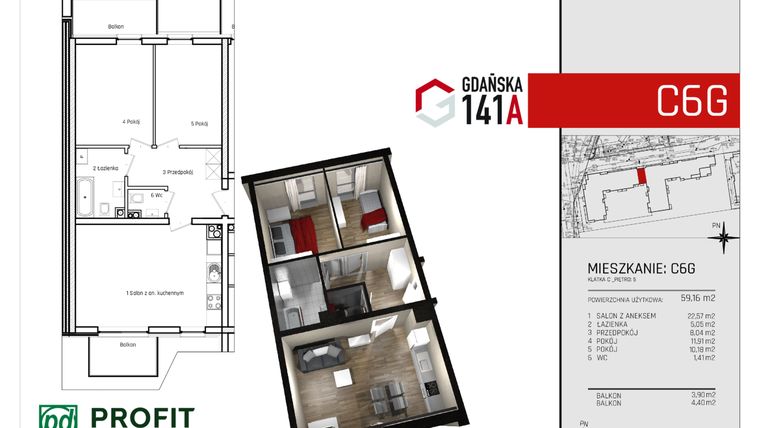 Rzut - Mieszkanie na sprzedaż 3 pokoje o powierzchni 59,16 m² - numer C_6G w Gdańska 141A