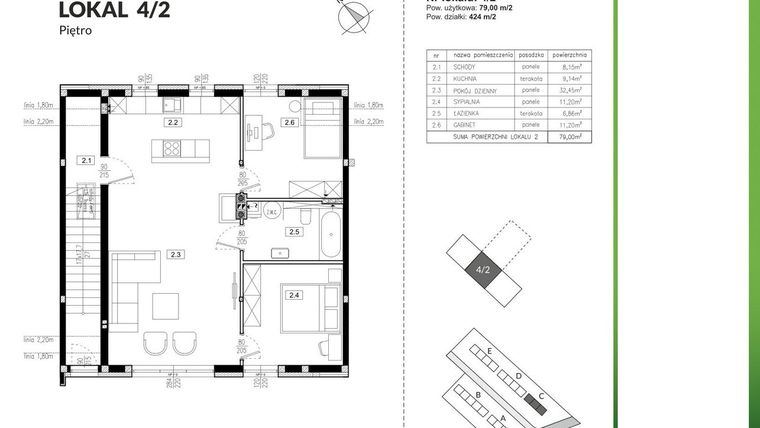 Rzut - Mieszkanie na sprzedaż 3 pokoje o powierzchni 79 m² - numer 4/2 w Szczęśliwa Polana