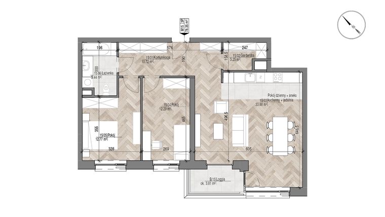 Rzut - Mieszkanie na sprzedaż 3 pokoje o powierzchni 78,35 m² - numer 15 w Apartamenty Czysta